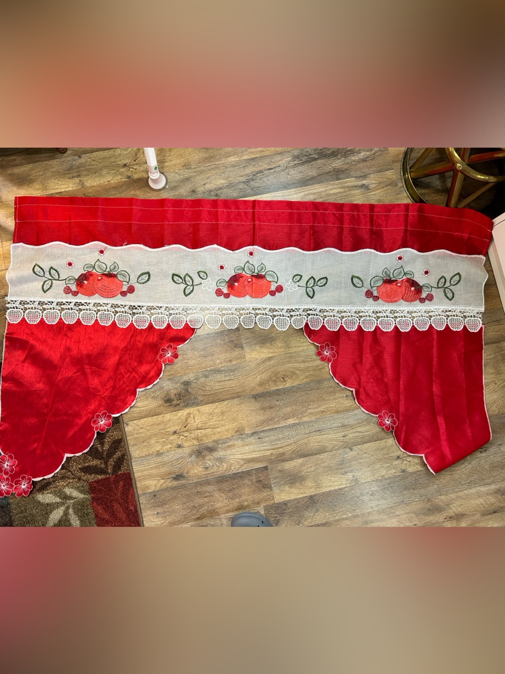 Red Apple Embroidered Kitchen Curtain Swag Lace Trim 35x56